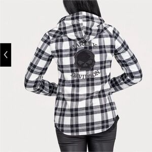 Harley-Davidson Willie G Womens Black & White Hooded Plaid Flannel Shirt Size S